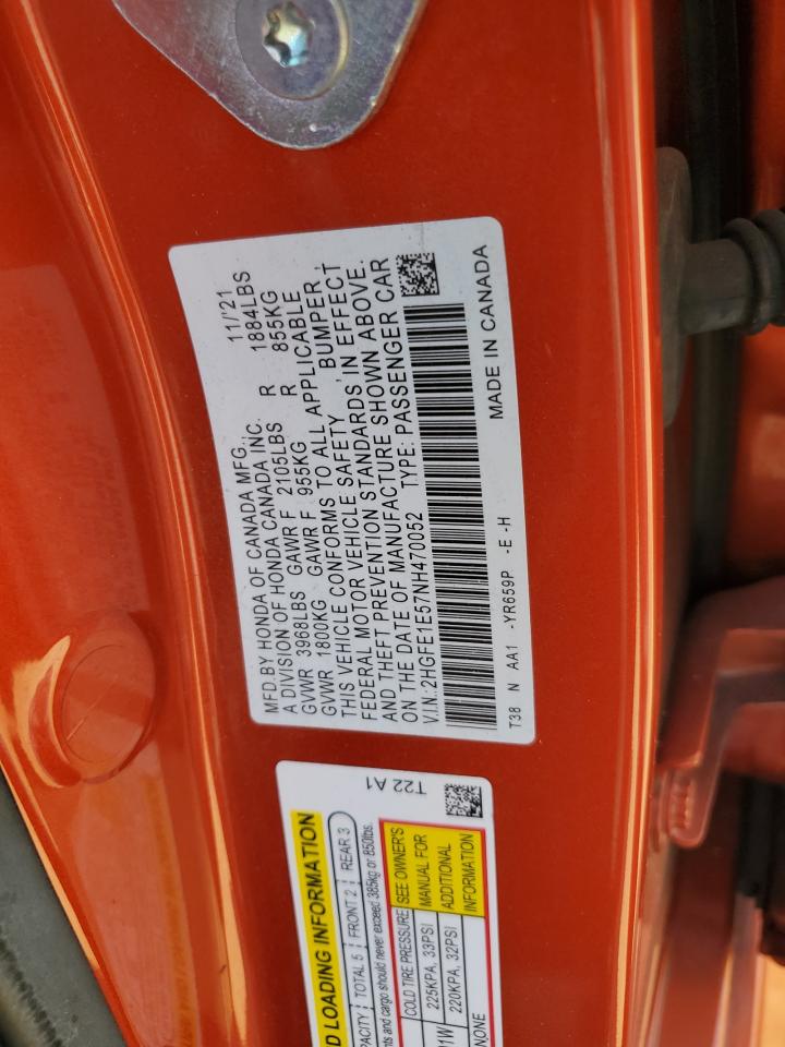 2022 HONDA CIVIC SI VIN:2HGFE1E57NH470052
