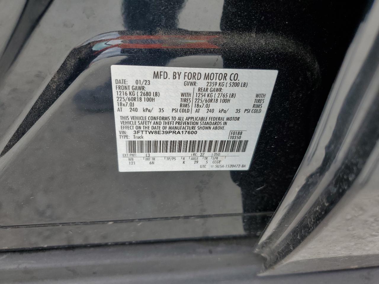 2023 FORD MAVERICK XL VIN:3FTTW8E39PRA17600