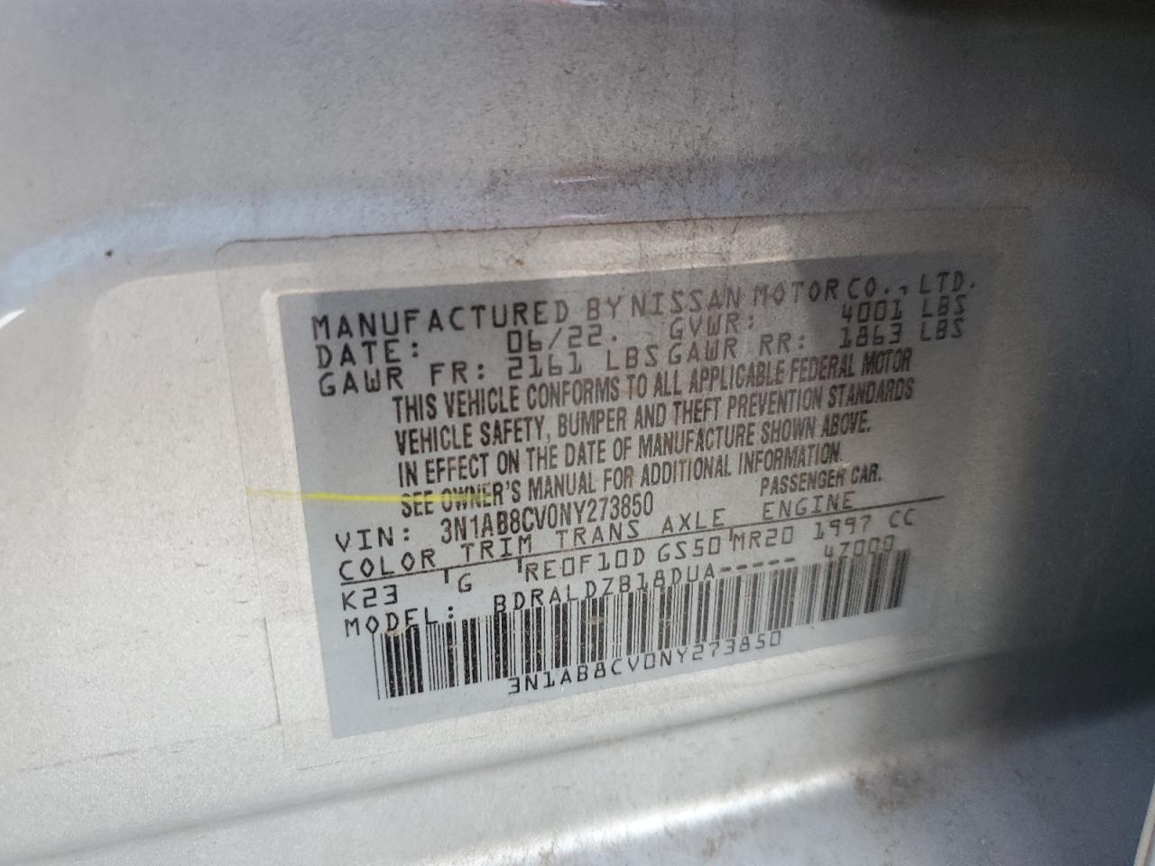2022 NISSAN SENTRA SV VIN:3N1AB8CV0NY273850