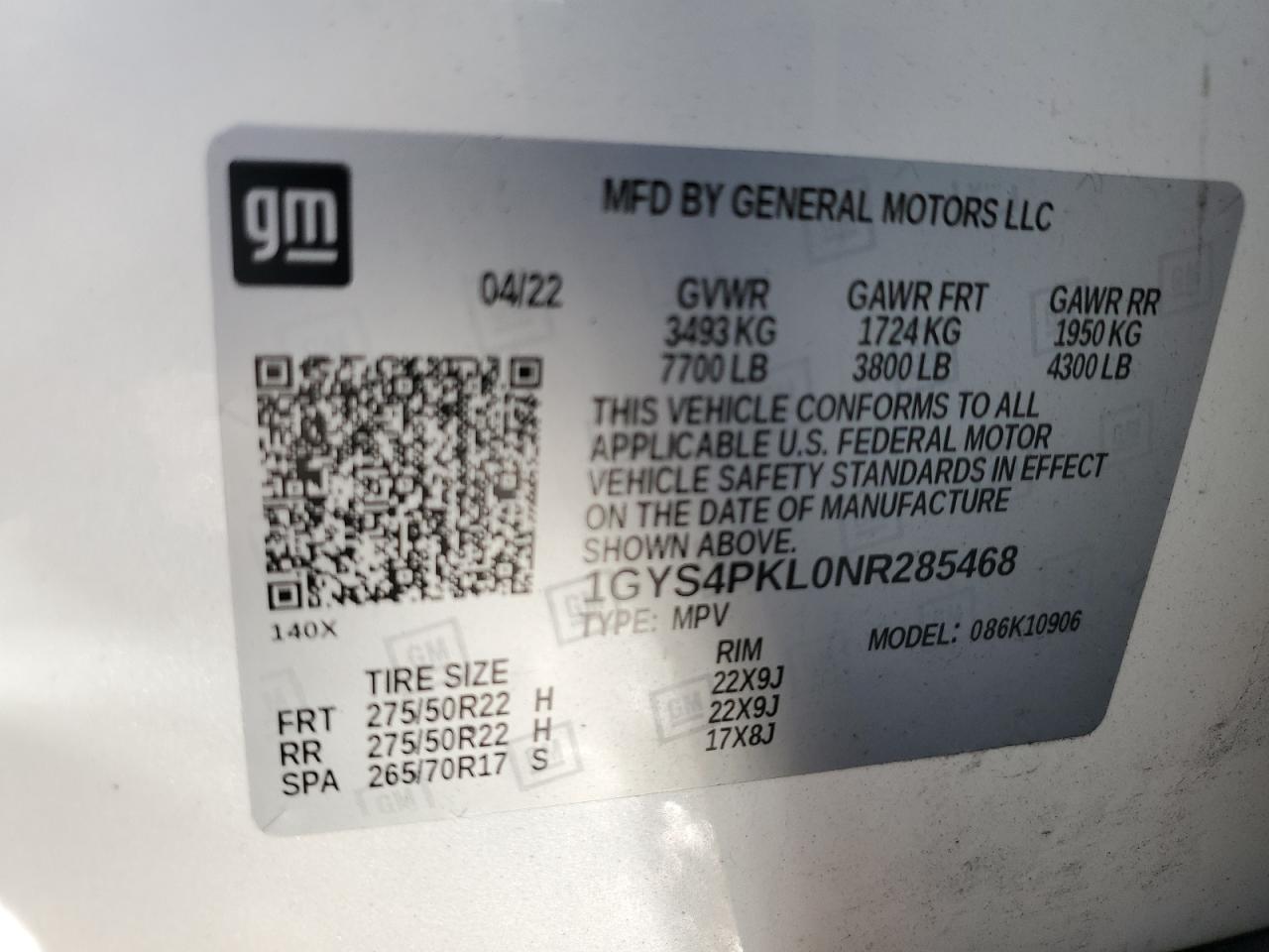 2022 CADILLAC ESCALADE ESV SPORT VIN:1GYS4PKL0NR285468