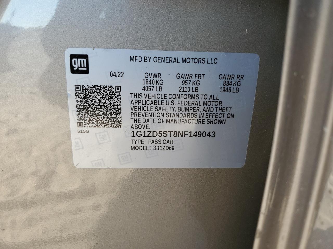 2022 CHEVROLET MALIBU LT VIN:1G1ZD5ST8NF149043