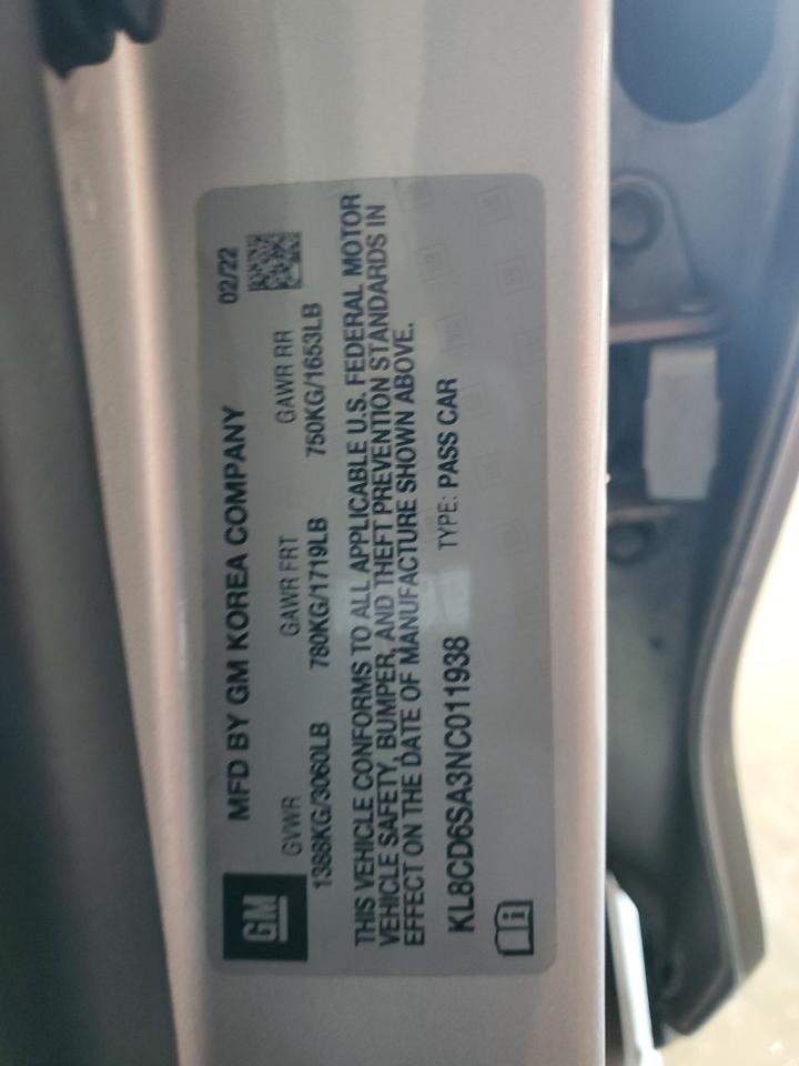 2022 CHEVROLET SPARK 1LT VIN:KL8CD6SA3NC011938