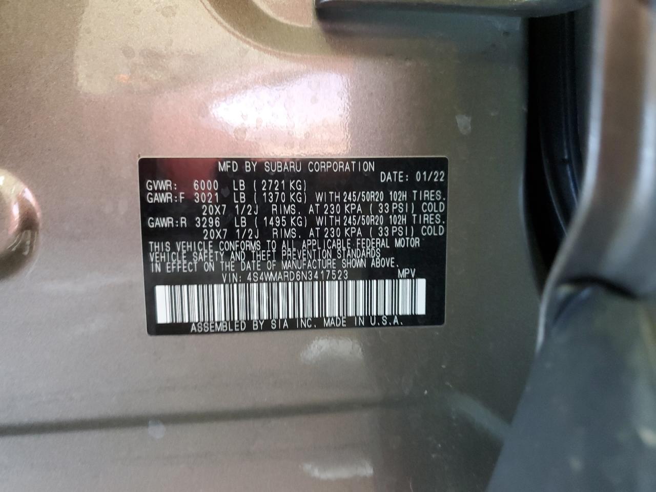 2022 SUBARU ASCENT TOURING VIN:4S4WMARD6N3417523