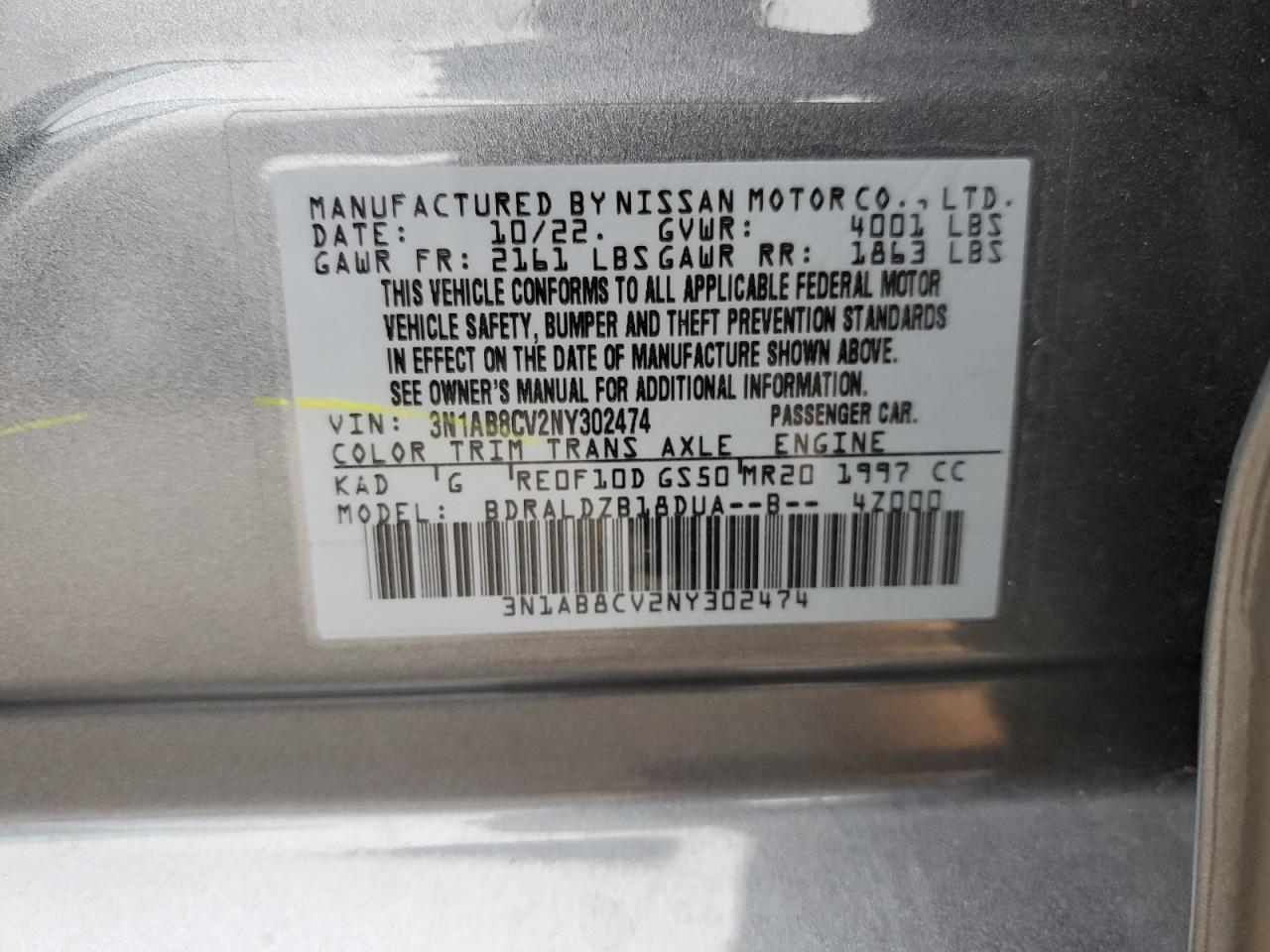 2022 NISSAN SENTRA SV VIN:3N1AB8CV2NY302474