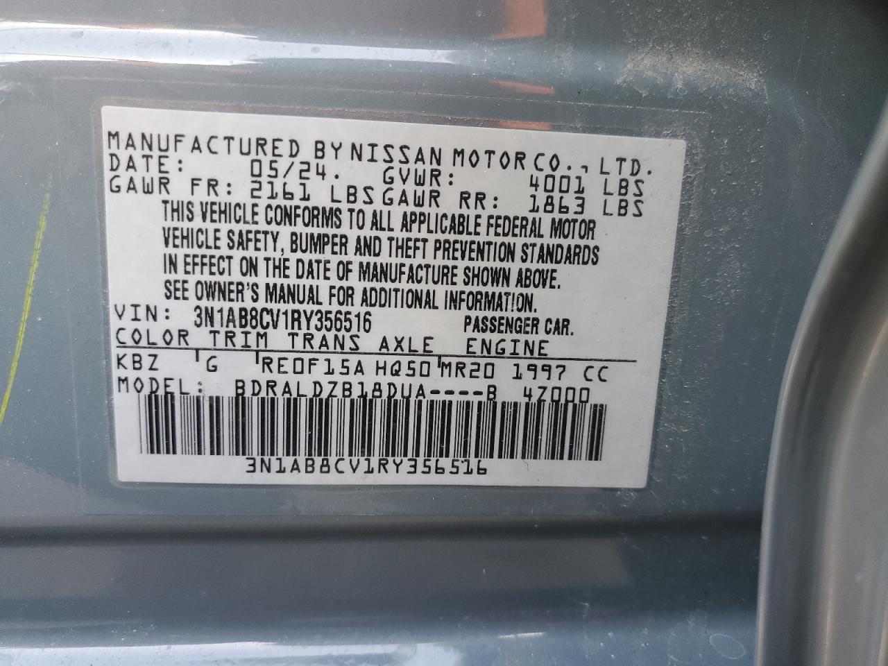 2024 NISSAN SENTRA SV VIN:3N1AB8CV1RY356516