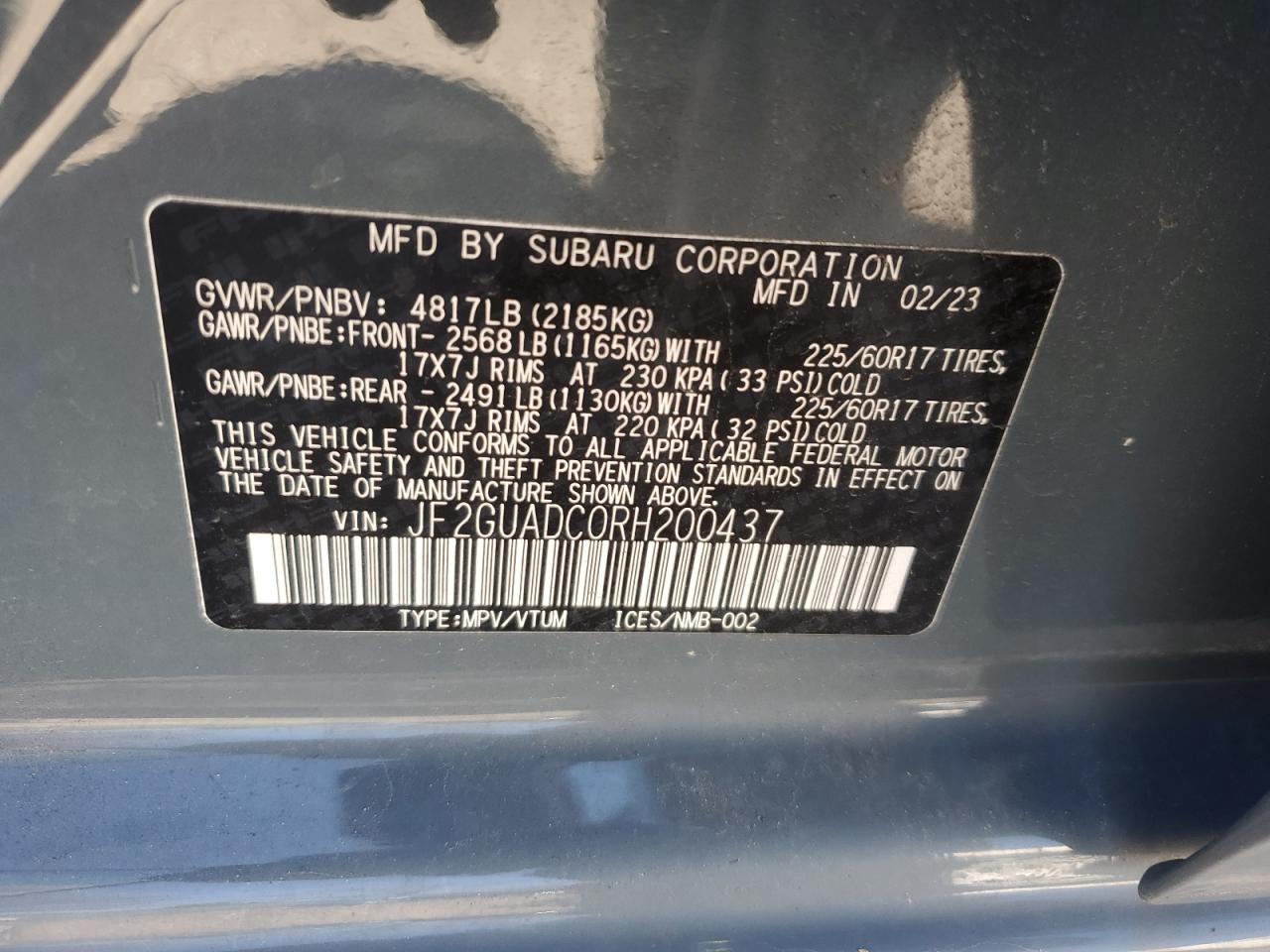 2024 SUBARU CROSSTREK PREMIUM VIN:JF2GUADC0RH200437