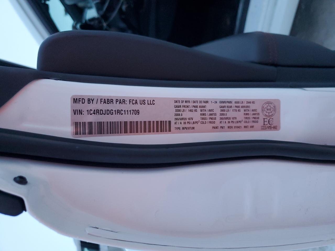 2024 DODGE DURANGO GT VIN:1C4RDJDG1RC111709