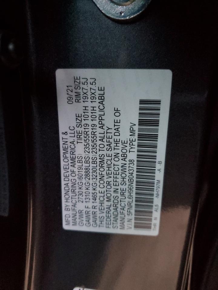 2022 HONDA ODYSSEY ELITE VIN:5FNRL6H96NB043738
