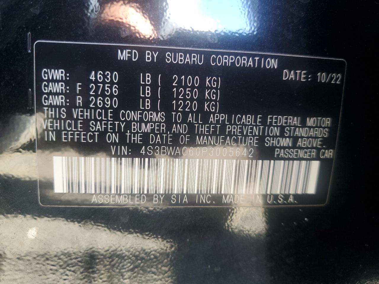 2023 SUBARU LEGACY PREMIUM VIN:4S3BWAC60P3005642