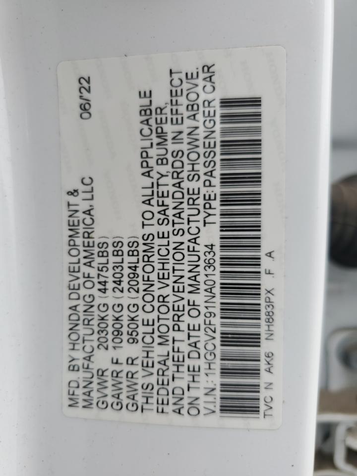 2022 HONDA ACCORD TOURING VIN:1HGCV2F91NA013634