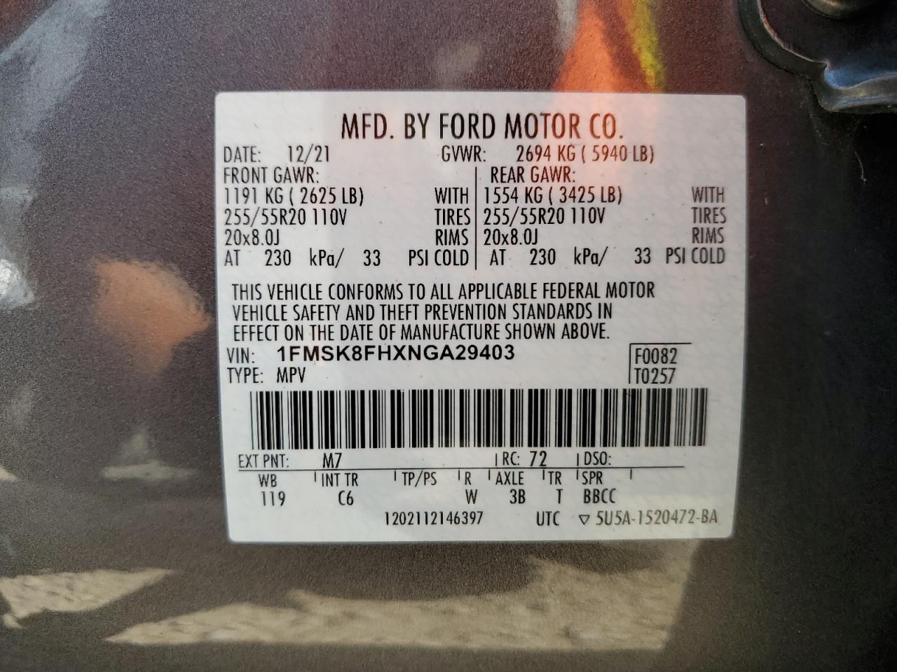 2022 FORD EXPLORER LIMITED VIN:1FMSK8FHXNGA29403