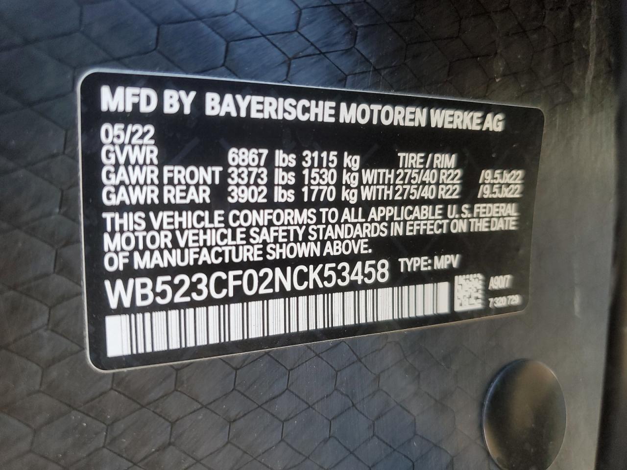 2022 BMW IX XDRIVE50 VIN:WB523CF02NCK53458