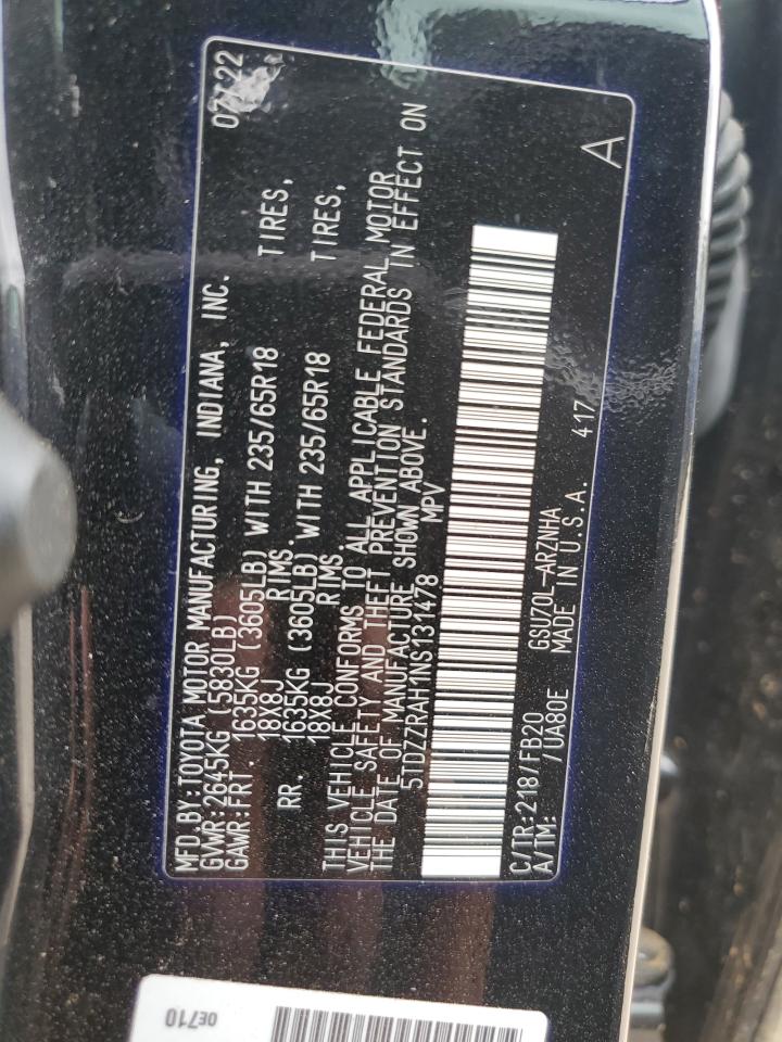 2022 TOYOTA HIGHLANDER L VIN:5TDZZRAH1NS131478