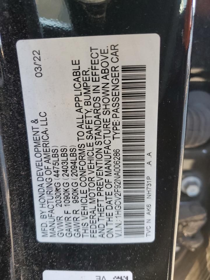 2022 HONDA ACCORD TOURING VIN:1HGCV2F92NA006286