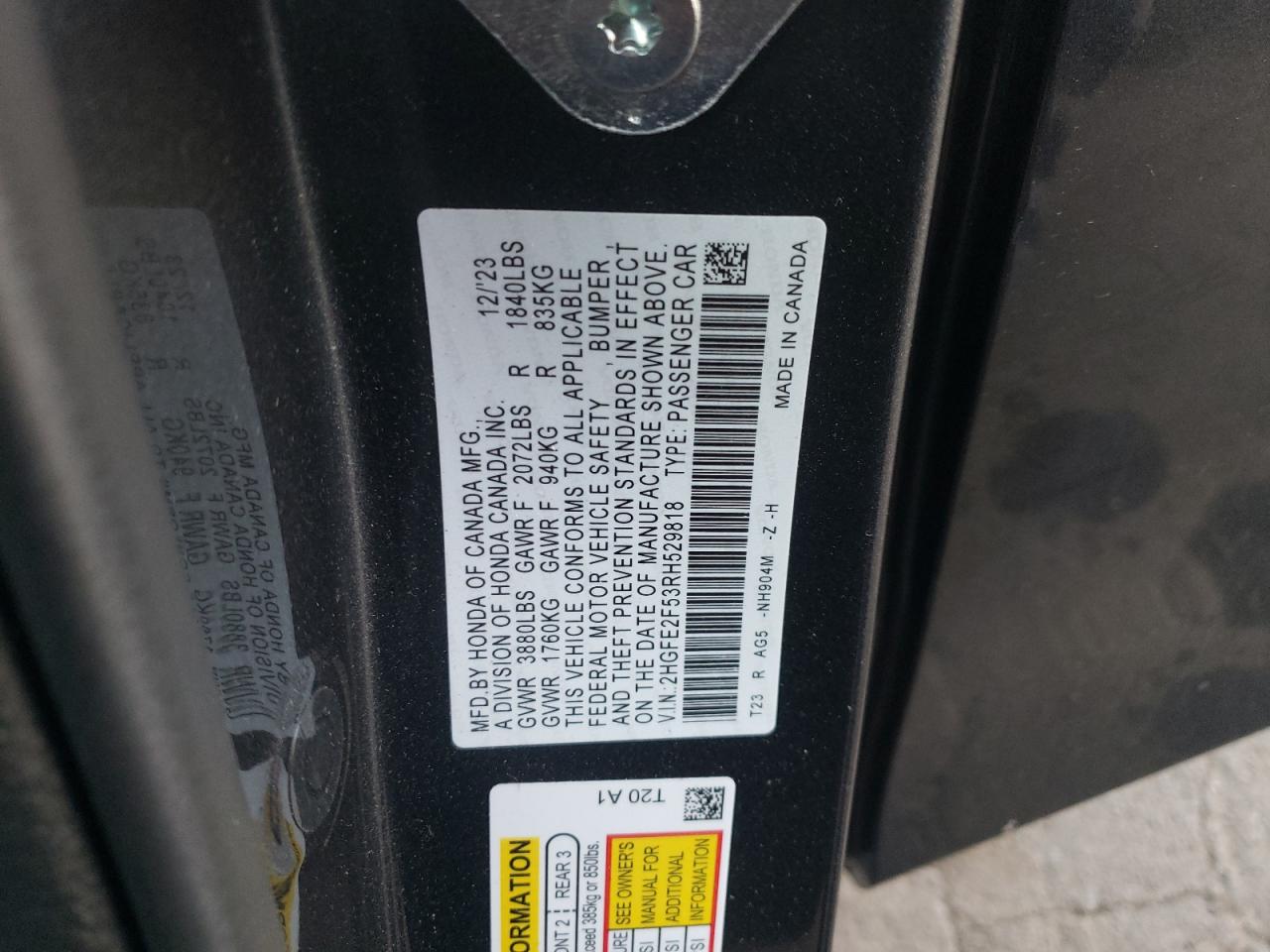 2024 HONDA CIVIC SPORT VIN:2HGFE2F53RH529818