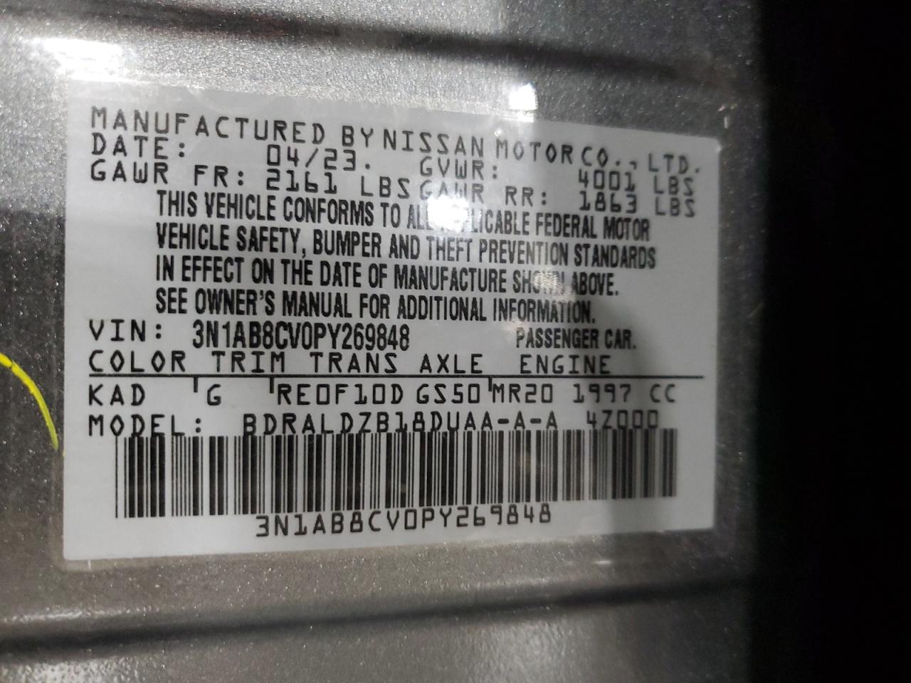 2023 NISSAN SENTRA SV VIN:3N1AB8CV0PY269848