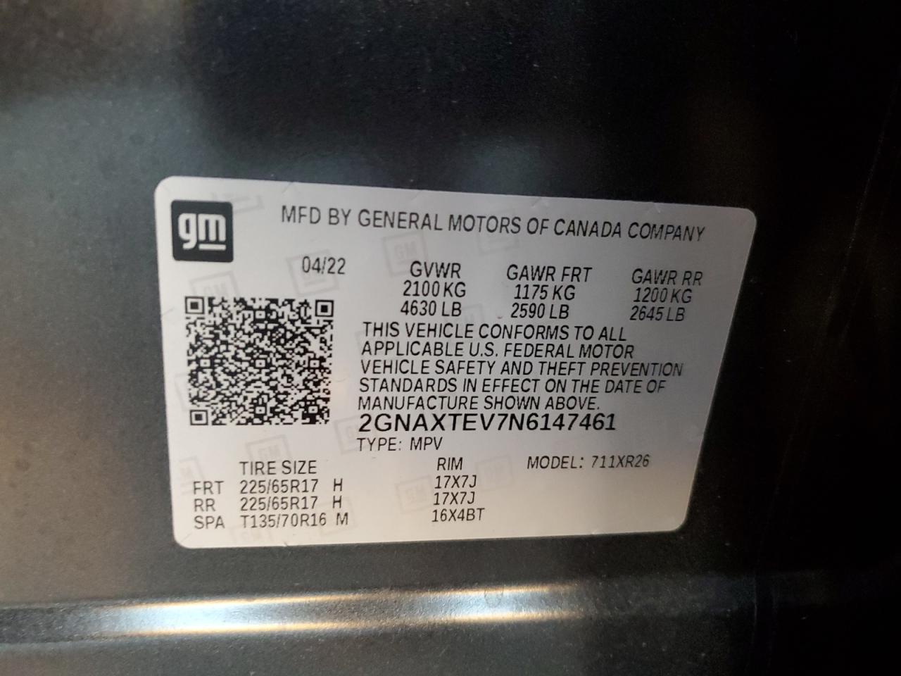 2022 CHEVROLET EQUINOX LT VIN:2GNAXTEV7N6147461