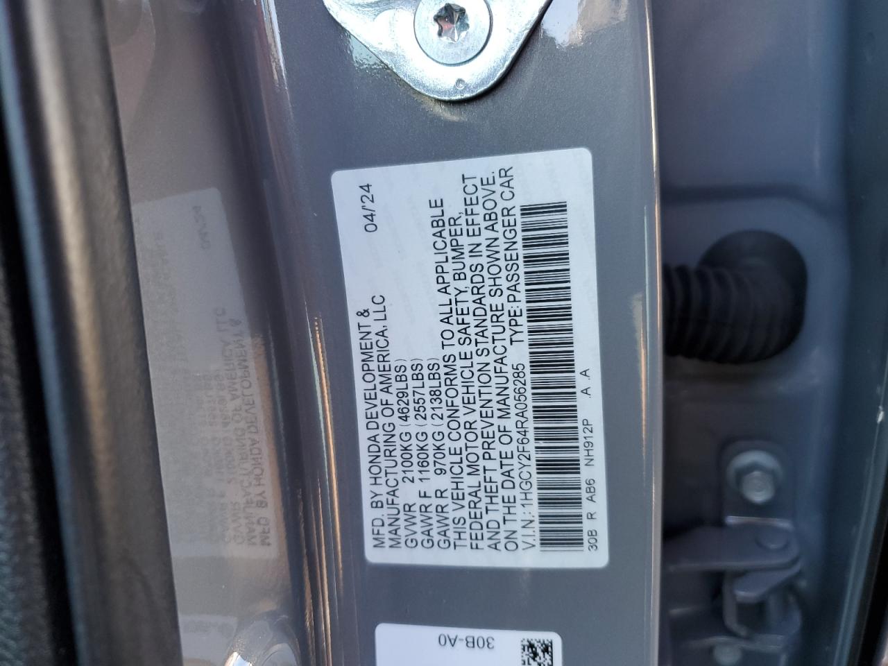 2024 HONDA ACCORD HYBRID EXL VIN:1HGCY2F64RA056285