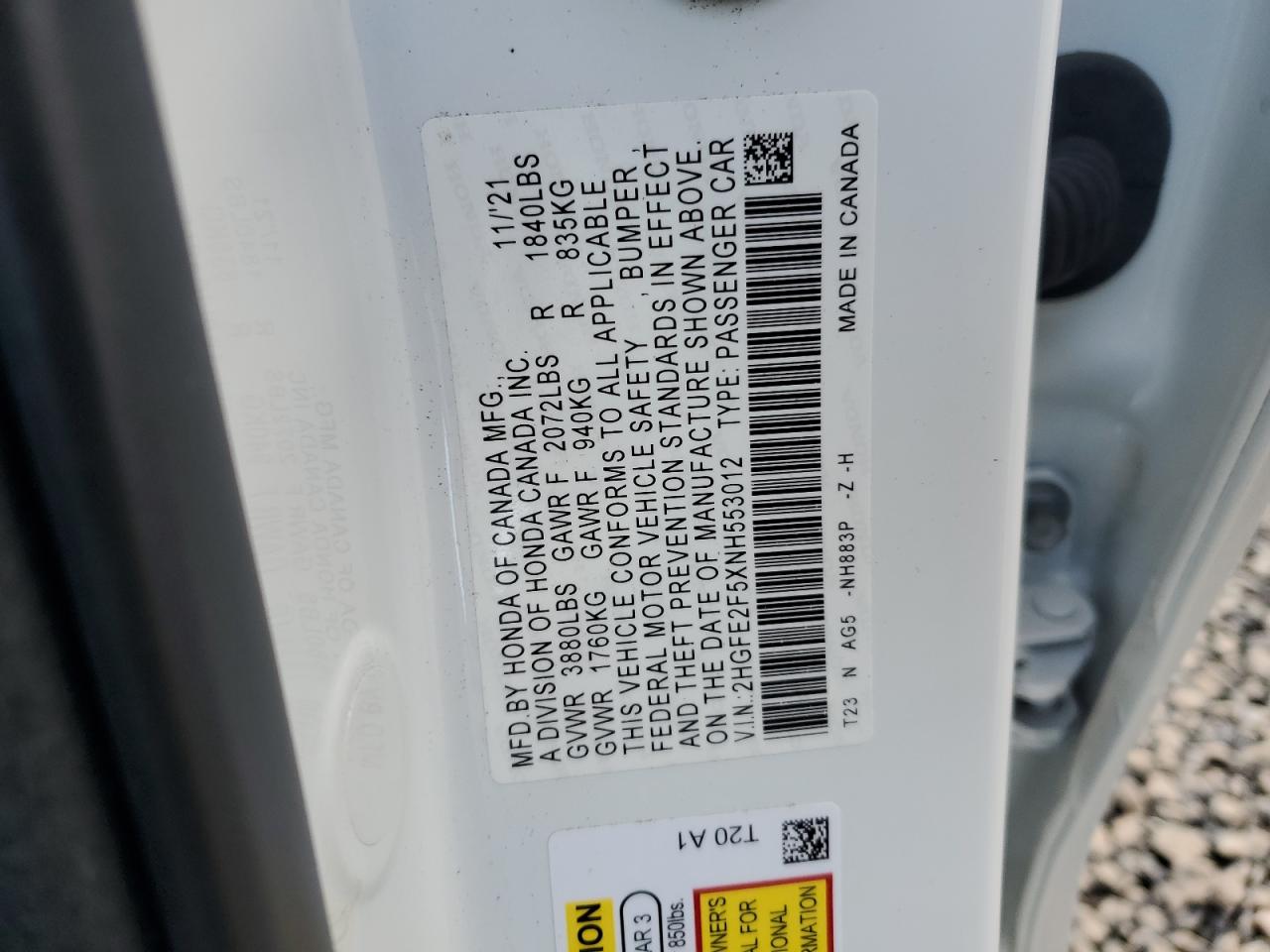 2022 HONDA CIVIC SPORT VIN:2HGFE2F5XNH553012