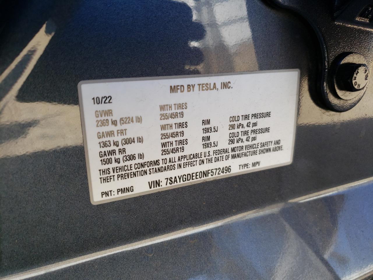 2022 TESLA MODEL Y  VIN:7SAYGDEE0NF572496