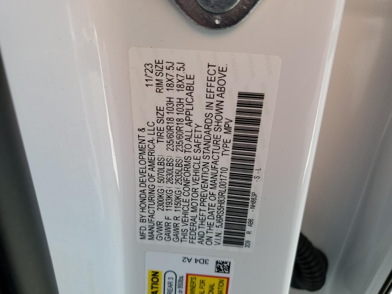 2024 HONDA CR-V SPORT-L VIN:5J6RS5H83RL001710