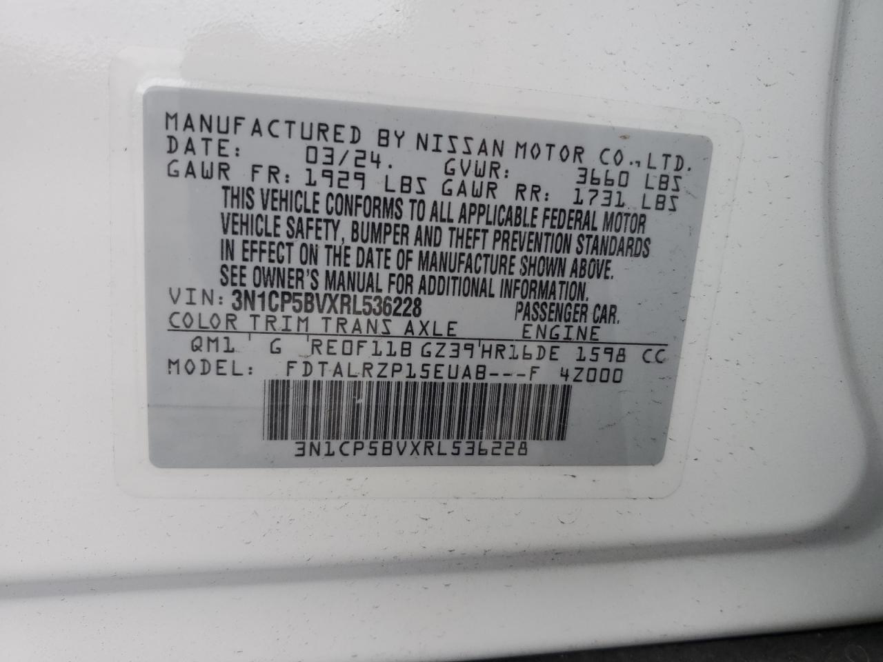 2024 NISSAN KICKS S VIN:3N1CP5BVXRL536228