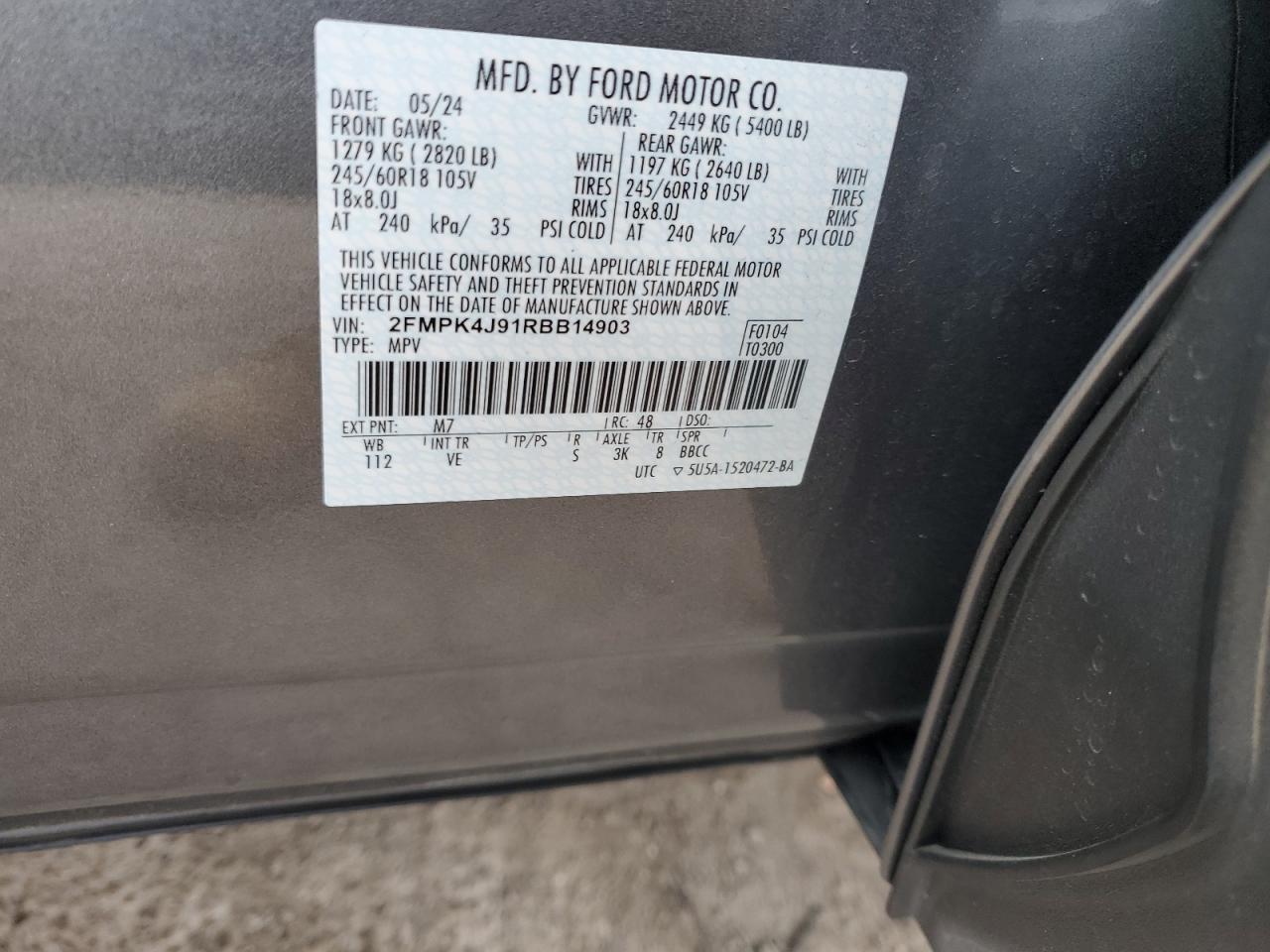2024 FORD EDGE SEL VIN:2FMPK4J91RBB14903