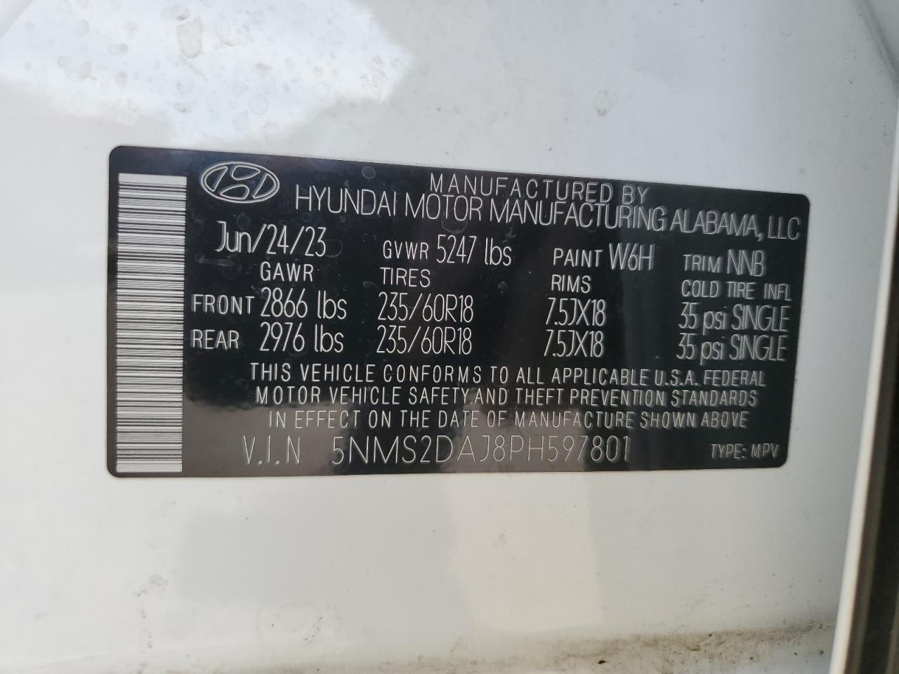 2023 HYUNDAI SANTA FE SEL VIN:5NMS2DAJ8PH597801