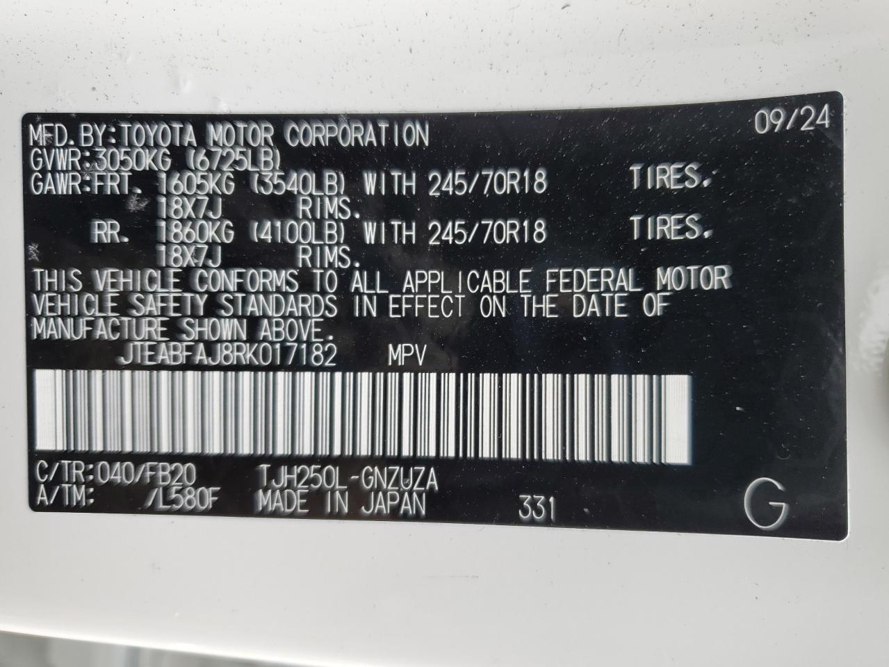 2024 TOYOTA LAND CRUISER BASE VIN:JTEABFAJ8RK017182