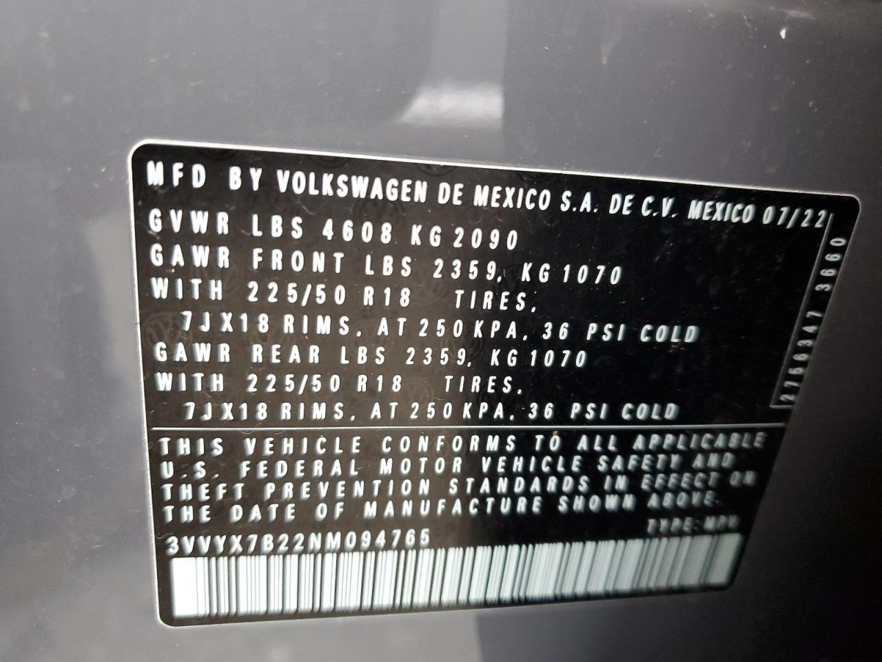 2022 VOLKSWAGEN TAOS SE VIN:JTDKARFU6K3102490