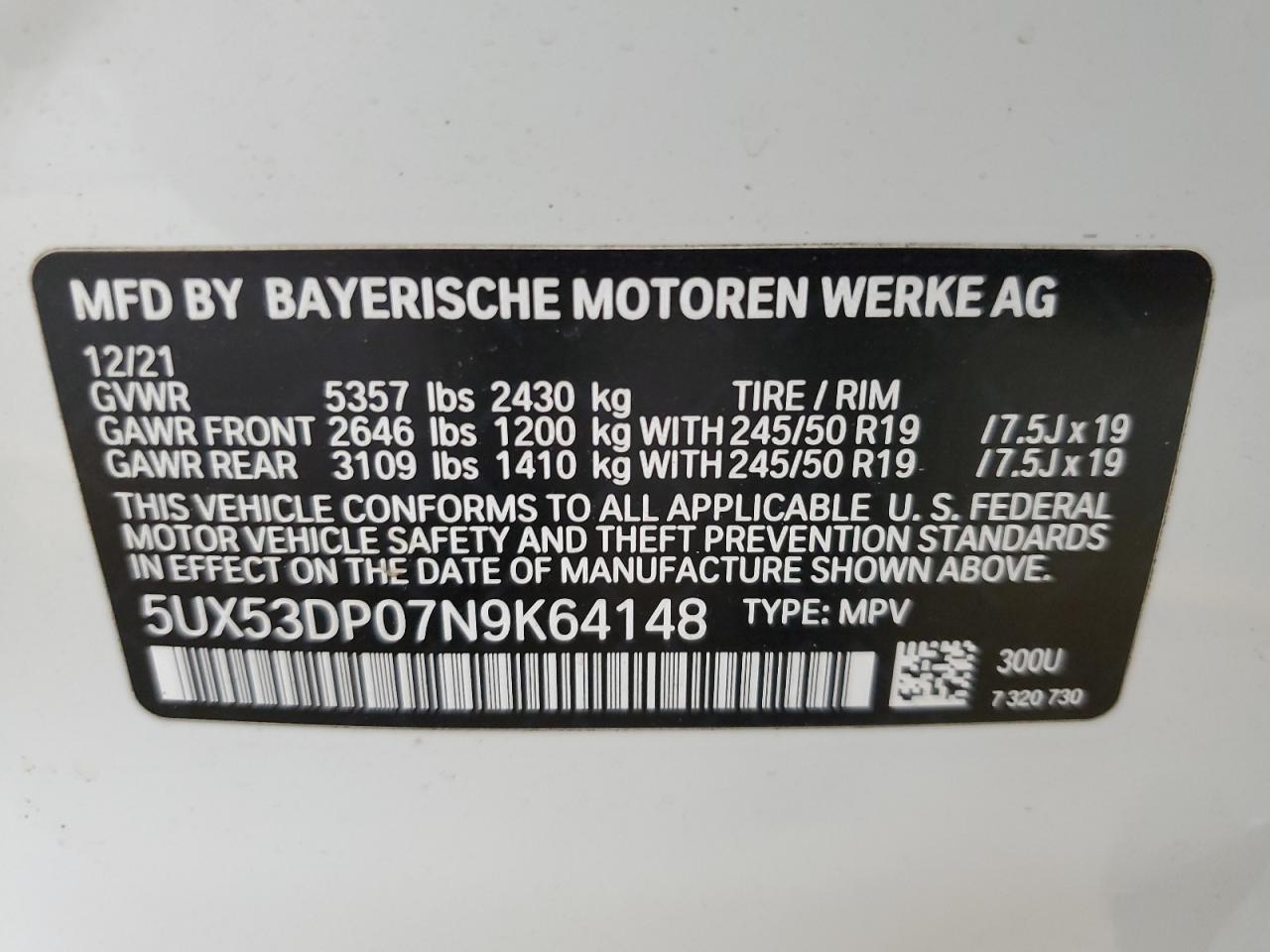 2022 BMW X3 XDRIVE30I VIN:WP0AA2A8XNS255297