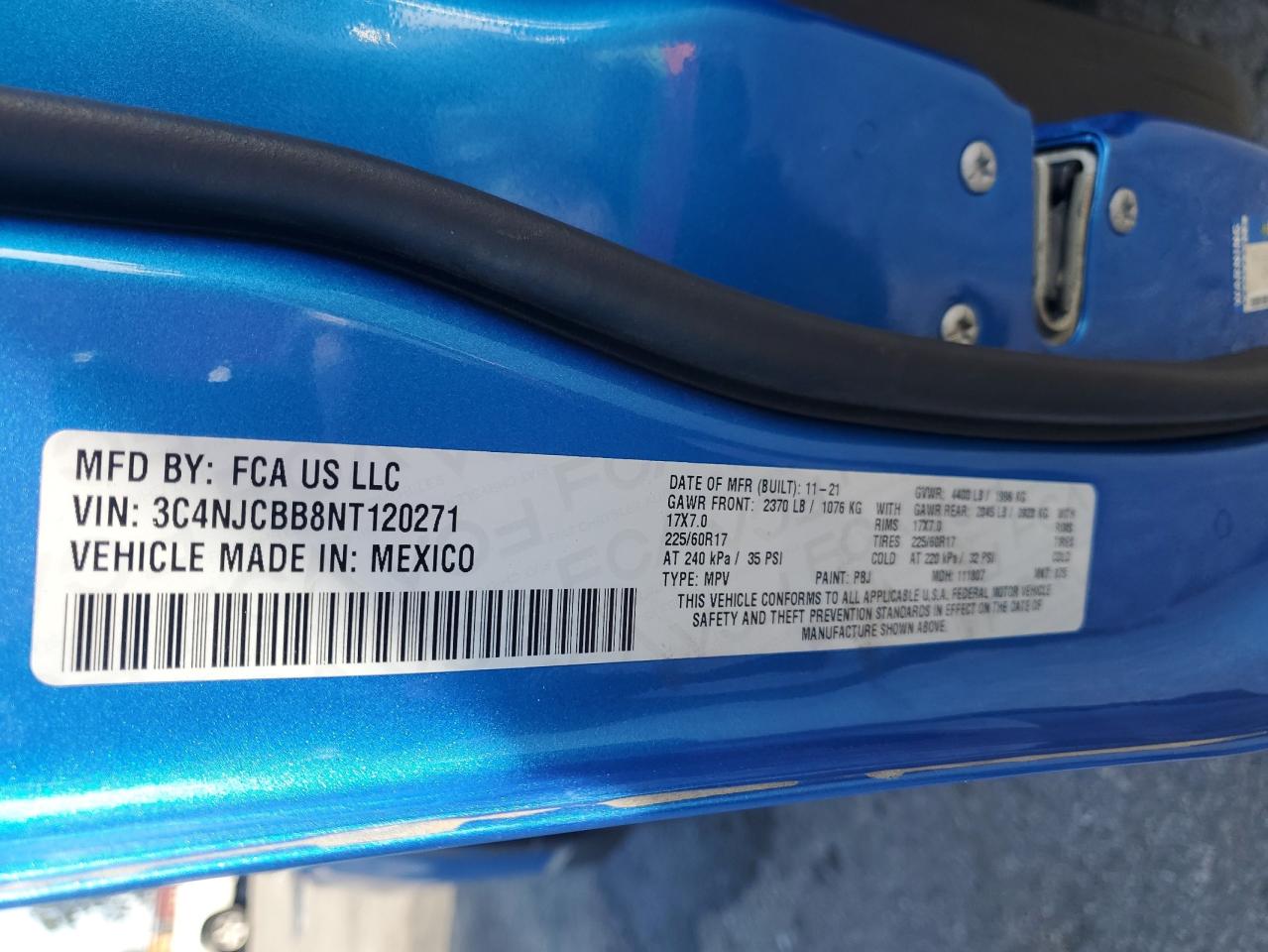 2022 JEEP COMPASS LATITUDE VIN:3C4NJCBB8NT120271