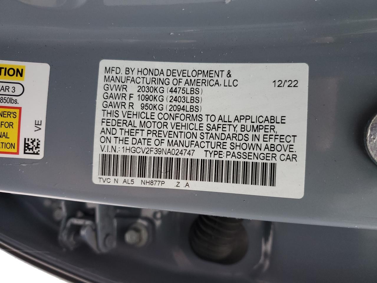 2022 HONDA ACCORD SPORT VIN:1HGCV2F39NA024747