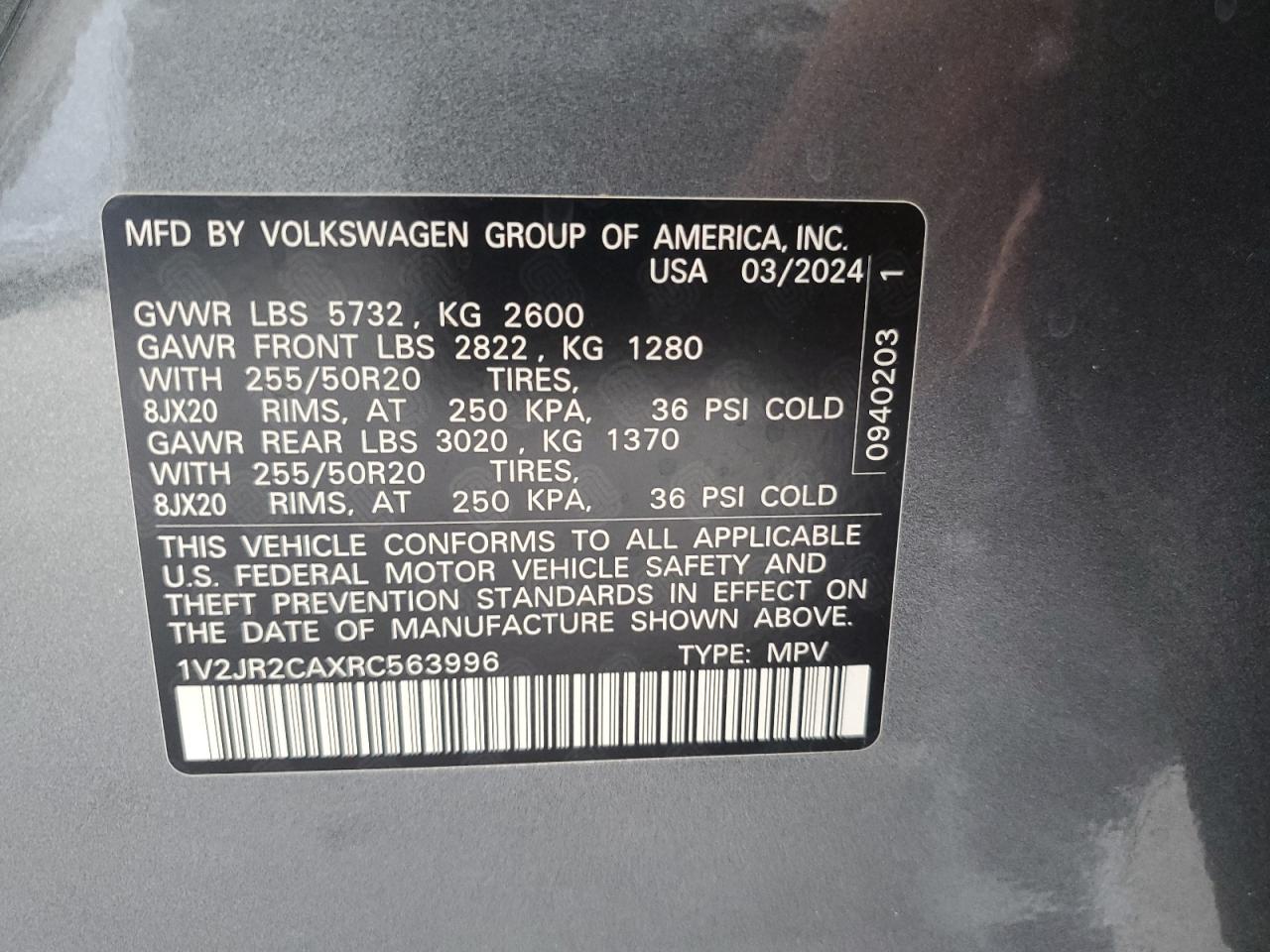 2024 VOLKSWAGEN ATLAS SE VIN:1V2JR2CAXRC563996
