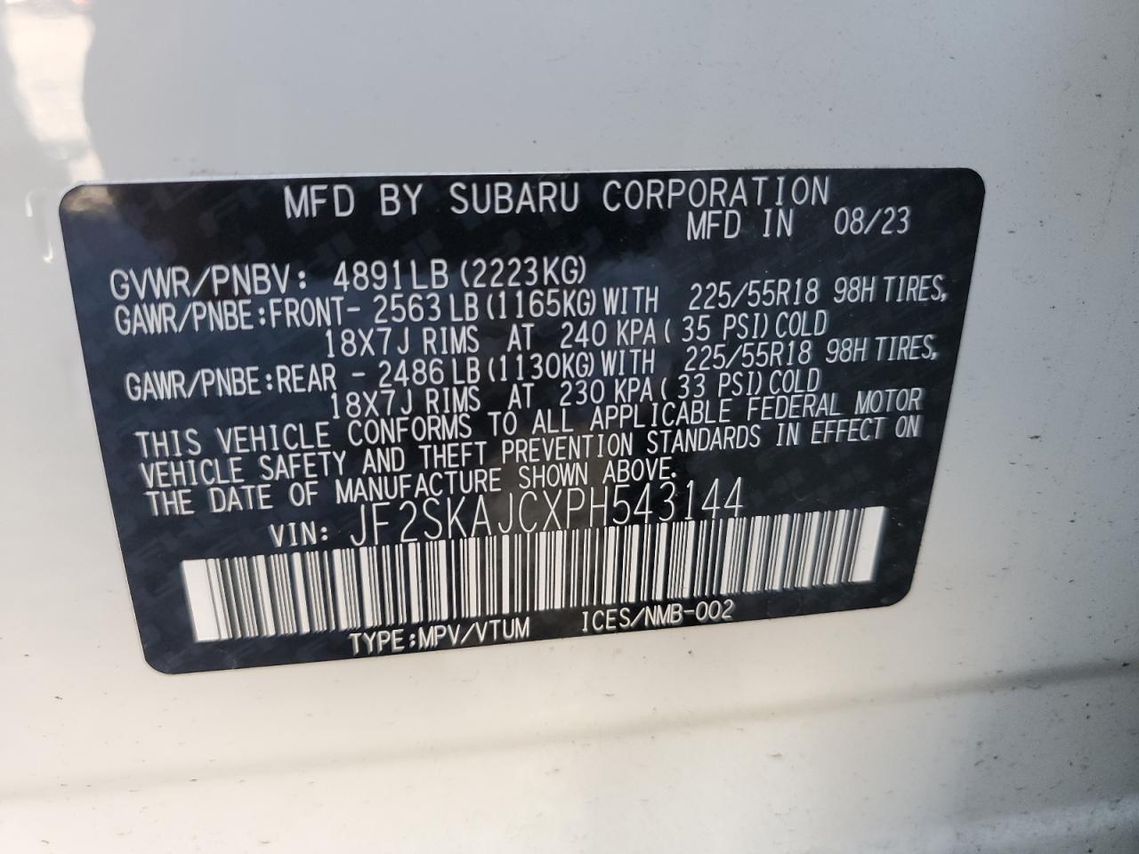 2023 SUBARU FORESTER SPORT VIN:JF2SKAJCXPH543144