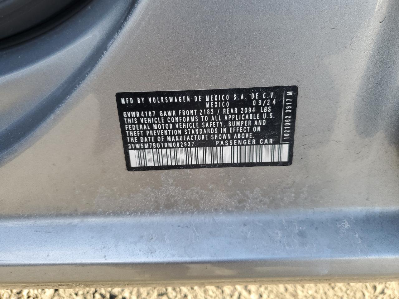 2024 VOLKSWAGEN JETTA S VIN:3VW5M7BU1RM062937