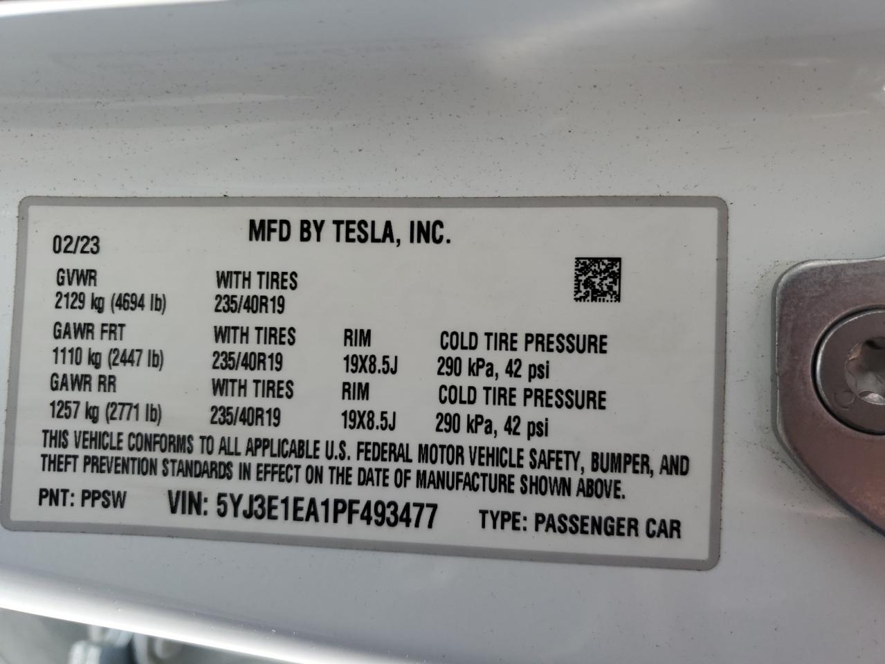 2023 TESLA MODEL 3  VIN:5YJ3E1EA1PF493477