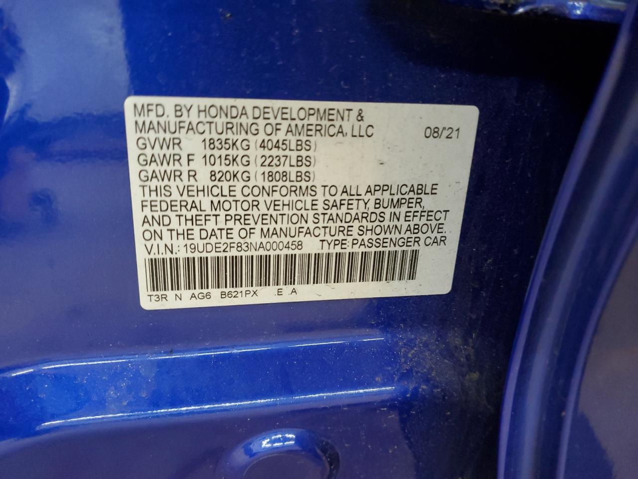 2022 ACURA ILX PREMIUM A-SPEC VIN:19UDE2F83NA000458