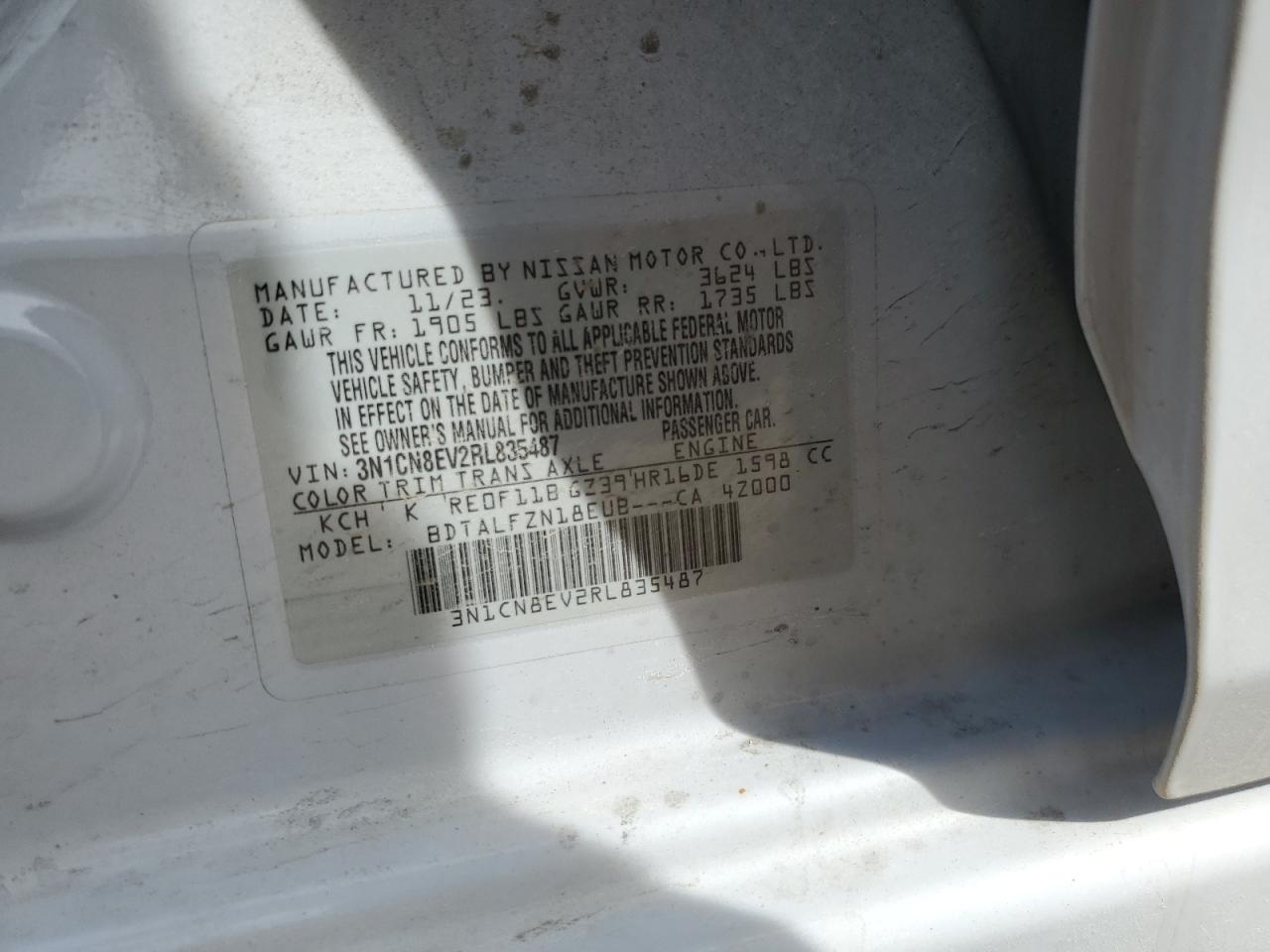 2024 NISSAN VERSA SV VIN:3N1CN8EV2RL835487