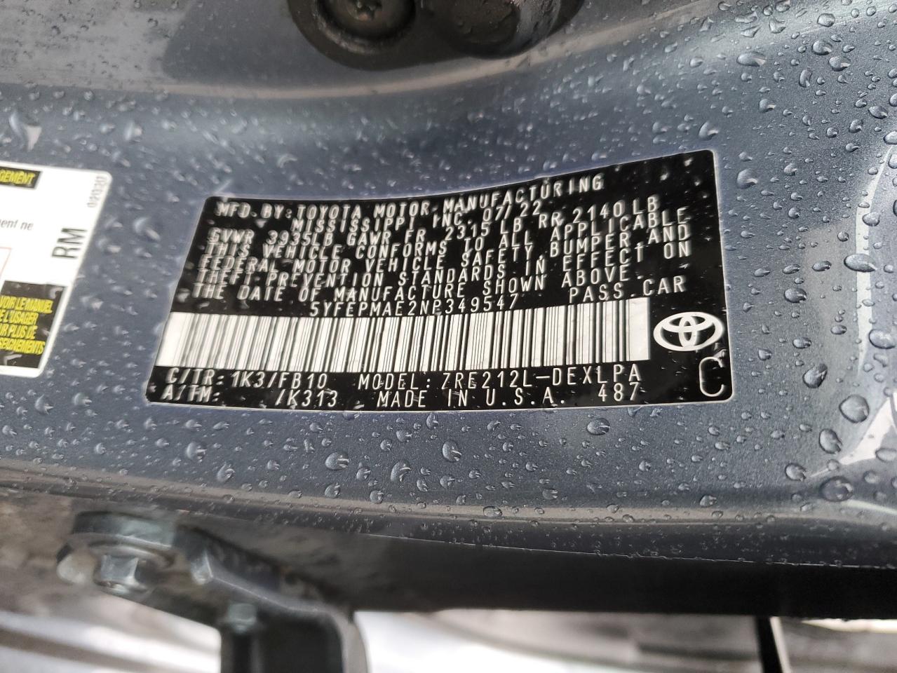 2022 TOYOTA COROLLA LE VIN:5YFEPMAE2NP349547