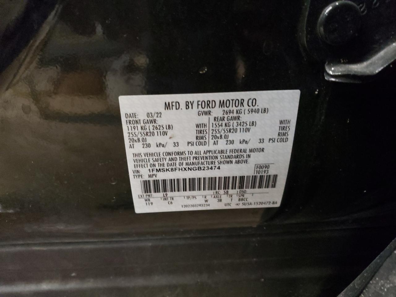 2022 FORD EXPLORER LIMITED VIN:1FMSK8FHXNGB23474