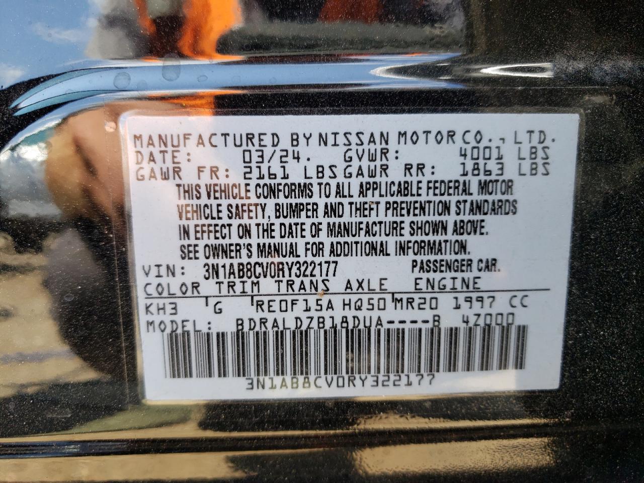 2024 NISSAN SENTRA SV VIN:3N1AB8CV0RY322177