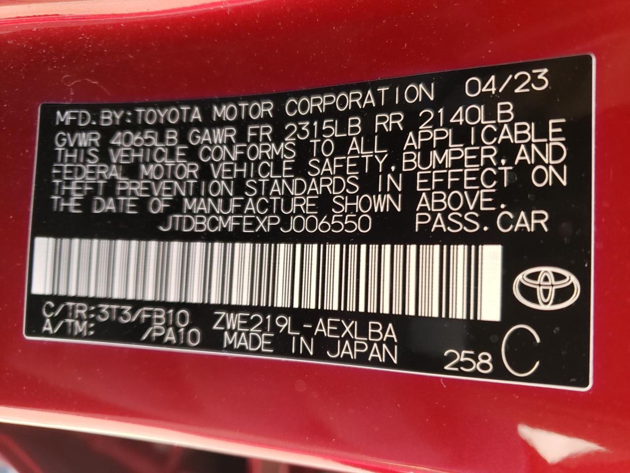 2023 TOYOTA COROLLA LE VIN:JTDBCMFEXPJ006550