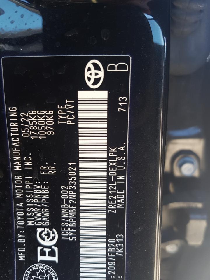 2022 TOYOTA COROLLA LE VIN:5YFBPMBE2NP335021