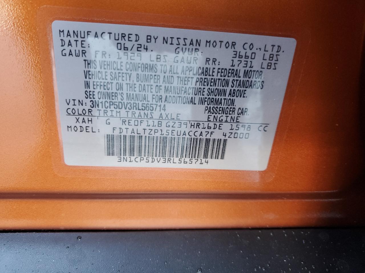 2024 NISSAN KICKS SR VIN:3N1CP5DV3RL565714