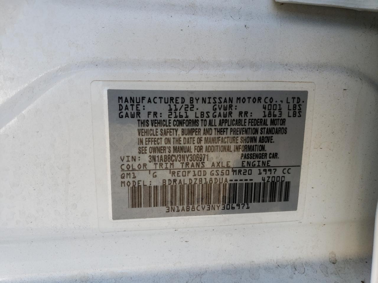 2022 NISSAN SENTRA SV VIN:3N1AB8CV3NY306971