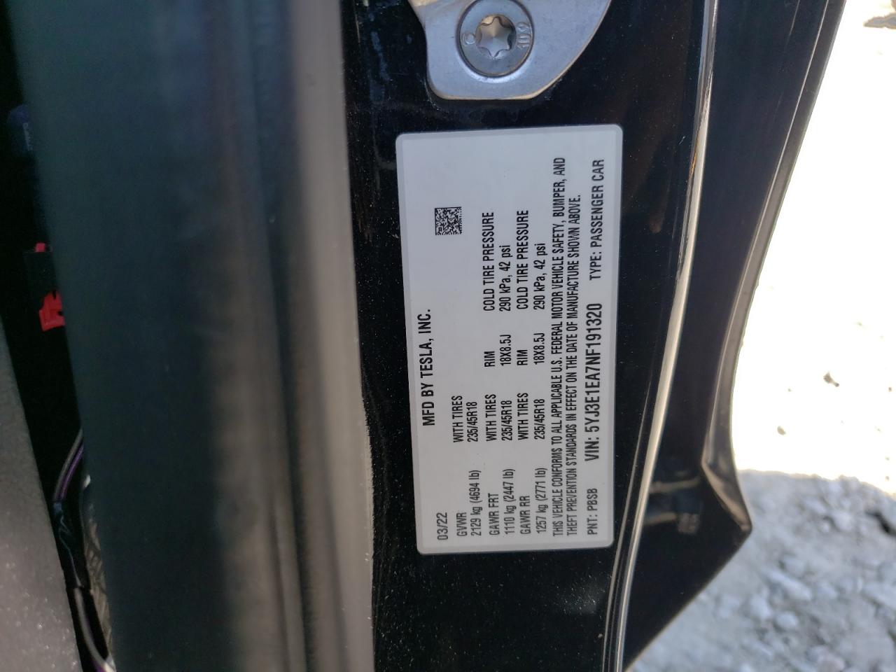 2022 TESLA MODEL 3  VIN:5YJ3E1EA7NF191320