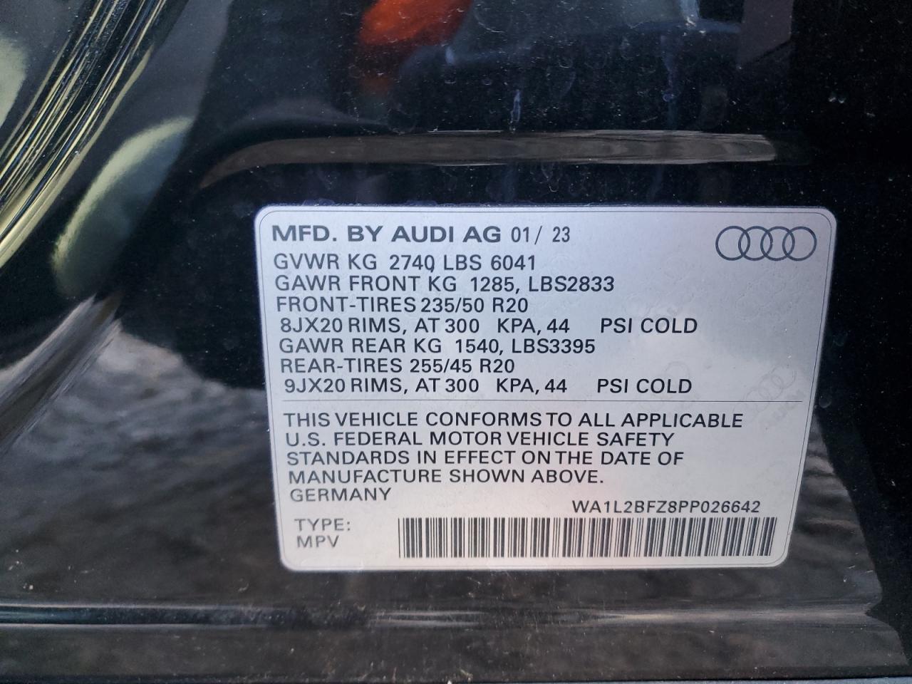 2023 AUDI Q4 E-TRON PREMIUM PLUS VIN:WA1L2BFZ8PP026642