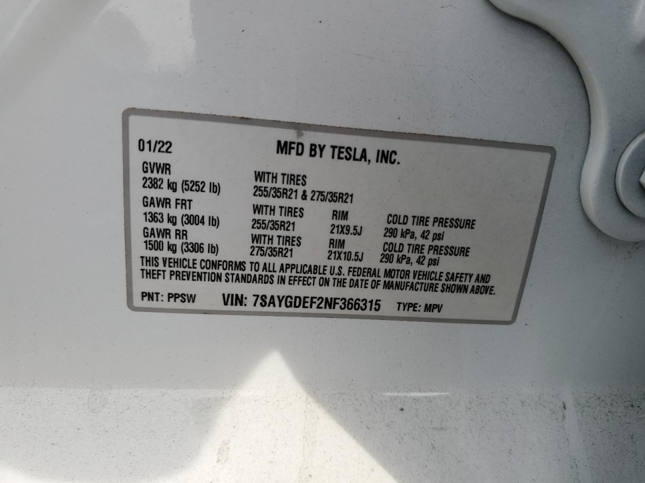 2022 TESLA MODEL Y  VIN:7SAYGDEF2NF366315