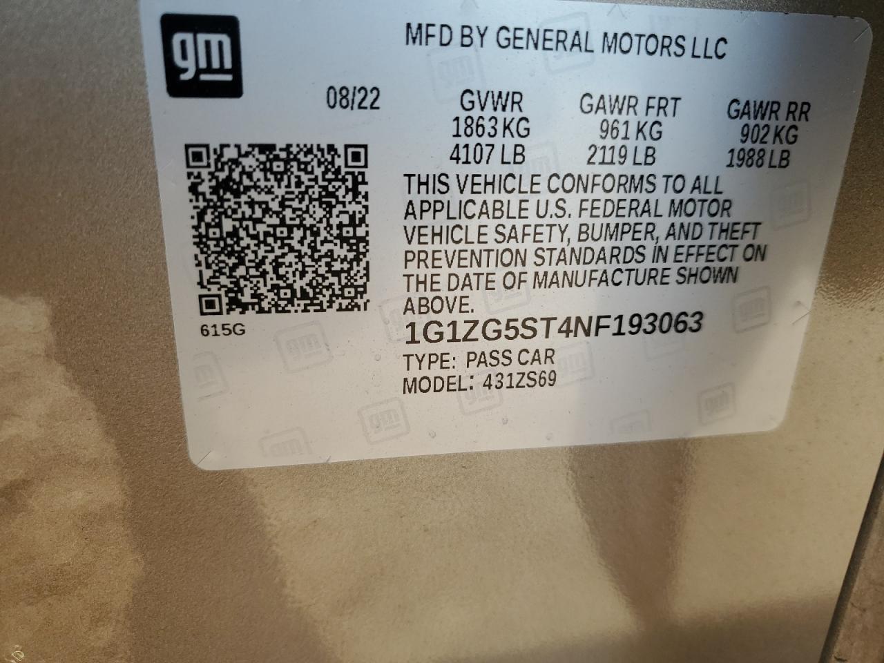 2022 CHEVROLET MALIBU RS VIN:1G1ZG5ST4NF193063